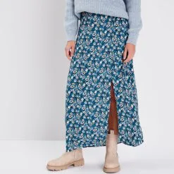 Vib's Jupe Longue Droite Boutonnée Bleu Canard Femme