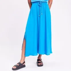 Vib's Jupe Longue évasée Satin Bleu Femme -Robe Boutique jupe longue evasee satin bleu femme b 36125312270164500