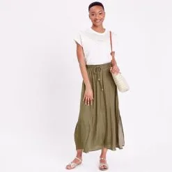 Vib's Jupe Longue évasée Satin Vert Kaki Femme -Robe Boutique jupe longue evasee satin vert kaki femme si 36125312270162019