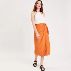 Vib's Jupe Midi Droite Avec Noeud Orange Femme -Robe Boutique jupe midi droite avec noeud orange femme si 36125312240025193