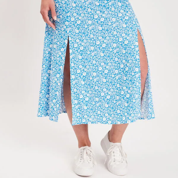 Vib's Jupe Midi évasée Fendue Bleu Femme 6 Vib's Jupe Midi évasée Fendue Bleu Femme – Image 4