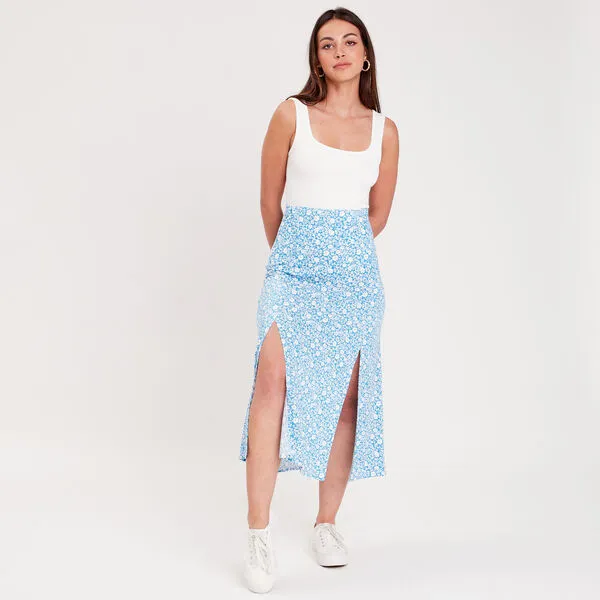 Vib's Jupe Midi évasée Fendue Bleu Femme 8 Vib's Jupe Midi évasée Fendue Bleu Femme – Image 6