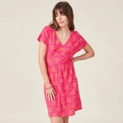 Vib's Robe à Manches Courtes Rose Fushia Femme