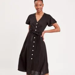 Vib's Robe Boutonnée à Manches Courtes Noir Femme