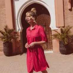 Vib's Robe Boutonnée à Manches Courtes Rose Fushia Femme