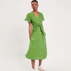 Vib's Robe Boutonnée à Manches Courtes Vert Femme