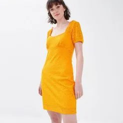 Vib's Robe Droite Avec Dentelle Jaune Foncé Femme -Robe Boutique robe droite avec dentelle jaune fonc femme si 36125373430023895