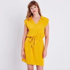 Vib's Robe Droite Ceinturée Jaune Moutarde Femme -Robe Boutique robe droite ceinturee jaune moutarde femme b 36125133700973668