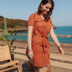 Vib's Robe Droite Ceinturée Marron Cognac Femme