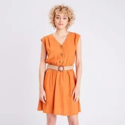 Vib's Robe Droite Ceinturée Orange Femme -Robe Boutique robe droite ceinturee orange femme fp 36125313240055193