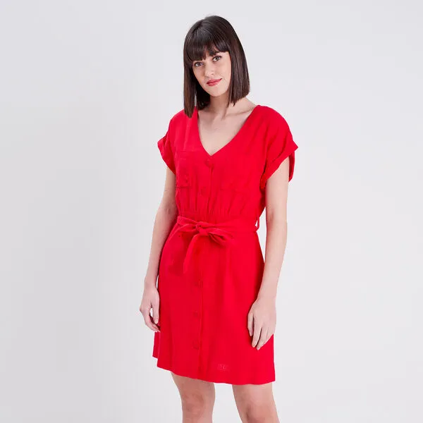 Vib's Robe Droite Ceinturée Rouge Femme 4 Vib's Robe Droite Ceinturée Rouge Femme – Image 2