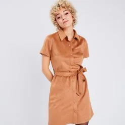 Vib's Robe Droite Ceinturée Suédine Marron Clair Femme