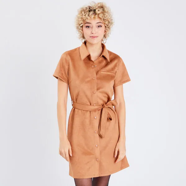 Vib's Robe Droite Ceinturée Suédine Marron Clair Femme 4 Vib's Robe Droite Ceinturée Suédine Marron Clair Femme – Image 2