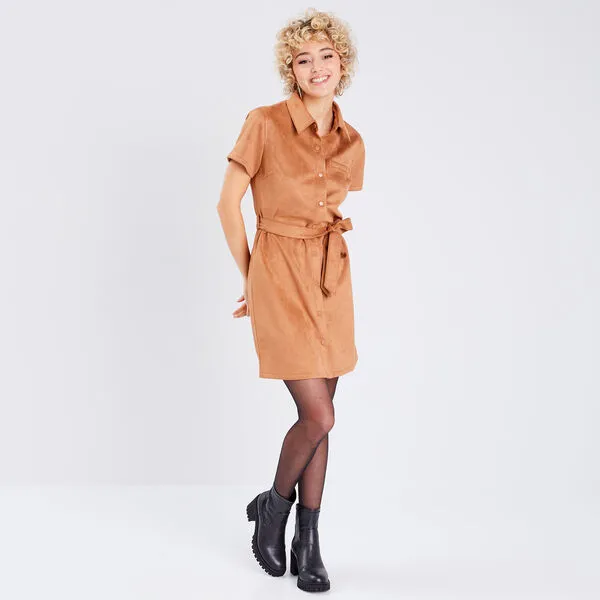 Vib's Robe Droite Ceinturée Suédine Marron Clair Femme 8 Vib's Robe Droite Ceinturée Suédine Marron Clair Femme – Image 6