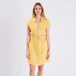 Vib's Robe Droite Ceinturée Zippée Jaune Moutarde Femme -Robe Boutique robe droite ceinturee zippee jaune moutarde femme fp 36125153700523283