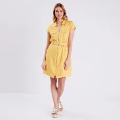 Vib's Robe Droite Ceinturée Zippée Jaune Moutarde Femme -Robe Boutique robe droite ceinturee zippee jaune moutarde femme si 36125153700523283