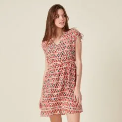 Vib's Robe Droite Fluide Col En V Rouge Corail Femme -Robe Boutique robe droite fluide col en v rouge corail femme fp 36125272811004112