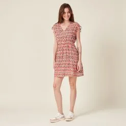 Vib's Robe Droite Fluide Col En V Rouge Corail Femme -Robe Boutique robe droite fluide col en v rouge corail femme si 36125272811004112