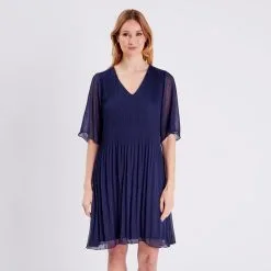 Vib's Robe Droite Fluide Plissée Bleu Marine Femme -Robe Boutique robe droite fluide plissee bleu marine femme fp 36125153720350367