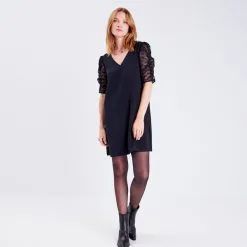 Vib's Robe Droite Manches 3/4 Noir Femme -Robe Boutique robe droite manches 34 noir femme si 36125292810740866