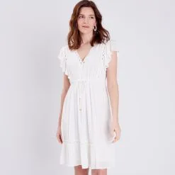 Vib's Robe Droite Manches Courtes Ecru Femme -Robe Boutique robe droite manches courtes ecru femme fp 36125133700880201