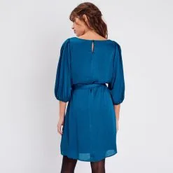 Vib's Robe Droite Satinée Ceinturée Bleu Pétrole Femme -Robe Boutique robe droite satinee ceinturee bleu ptrole femme b 36125292810823030