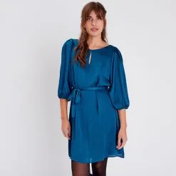 Vib's Robe Droite Satinée Ceinturée Bleu Pétrole Femme -Robe Boutique robe droite satinee ceinturee bleu ptrole femme fp 36125292810823030