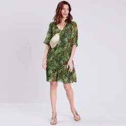 Vib's Robe Droite Volantée Plissée Vert Femme -Robe Boutique robe droite volantee plissee vert femme si 36125153700594106