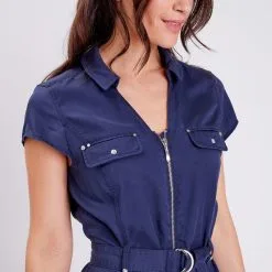 Vib's Robe Droite Zippée En Jean Bleu Marine Femme -Robe Boutique robe droite zippee en jean bleu marine femme d1 36125183701200367