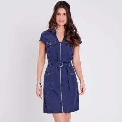 Vib's Robe Droite Zippée En Jean Bleu Marine Femme -Robe Boutique robe droite zippee en jean bleu marine femme fp 36125183701200367