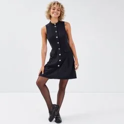 Vib's Robe évasée Boutonnée Noir Femme -Robe Boutique robe evasee boutonnee noir femme si 36125373300461001