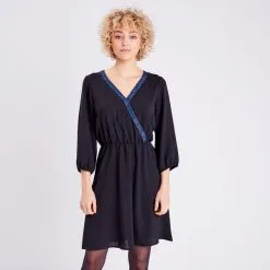 Vib's Robe évasée Col Cache-coeur Noir Femme -Robe Boutique robe evasee col cache coeur noir femme fp 36125313320201001
