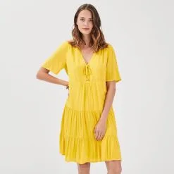 Vib's Robe évasée Fluide à Volants Jaune Femme -Robe Boutique robe evasee fluide a volants jaune femme fp 36125183701383009
