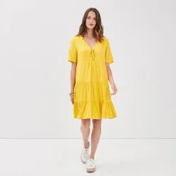 Vib's Robe évasée Fluide à Volants Jaune Femme -Robe Boutique robe evasee fluide a volants jaune femme si 36125183701383009