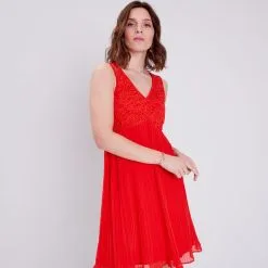 Vib's Robe évasée Sans Manches Rouge Corail Femme