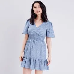 Vib's Robe évasée Taille Smockée Bleu Femme -Robe Boutique robe evasee taille smockee bleu femme fp 36125383310474866