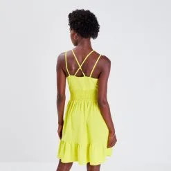 Vib's Robe évasée Taille Smockée Vert Fluo Femme -Robe Boutique robe evasee taille smockee vert fluo femme b 36125393290180033