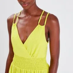 Vib's Robe évasée Taille Smockée Vert Fluo Femme -Robe Boutique robe evasee taille smockee vert fluo femme d1 36125393290180033