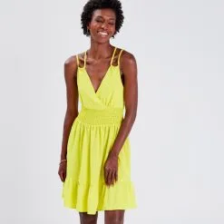 Vib's Robe évasée Taille Smockée Vert Fluo Femme