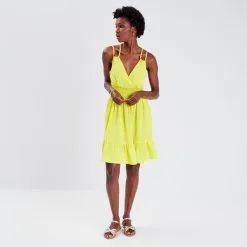 Vib's Robe évasée Taille Smockée Vert Fluo Femme -Robe Boutique robe evasee taille smockee vert fluo femme si 36125393290180033