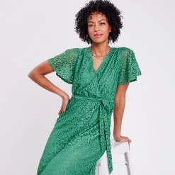 Vib's Robe Longue à Manches Courtes Vert Femme