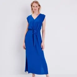 Vib's Robe Longue Droite Ceinturée Bleu Electrique Femme