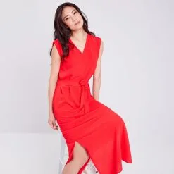 Vib's Robe Longue Droite Ceinturée Rouge Femme