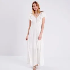 Vib's Robe Longue Droite Fluide Ecru Femme