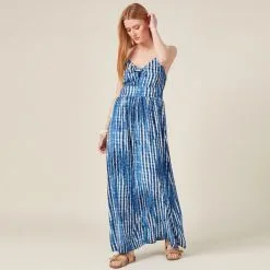 Vib's Robe Longue évasée à Bretelles Bleu Femme