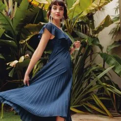 Vib's Robe Longue évasée à Volants Bleu Marine Femme