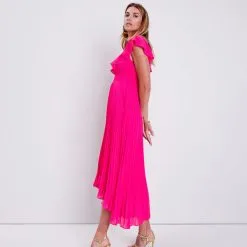 Vib's Robe Longue évasée à Volants Rose Fushia Femme