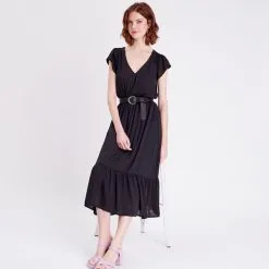 Vib's Robe Longue évasée Ceinturée Noir Femme