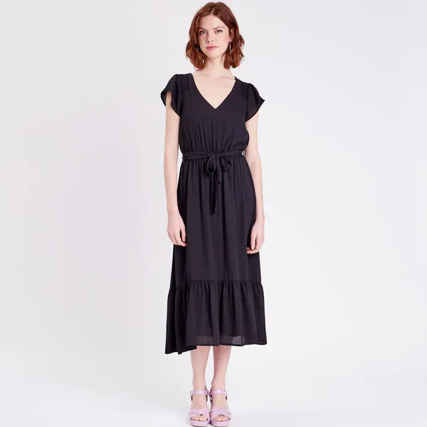 Vib's Robe Longue évasée Ceinturée Noir Femme 4 Vib's Robe Longue évasée Ceinturée Noir Femme – Image 2