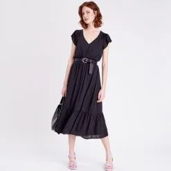 Vib's Robe Longue évasée Ceinturée Noir Femme 13 Vib's Robe Longue évasée Ceinturée Noir Femme -Robe Boutique robe longue evasee ceinturee noir femme si 36125313310611001